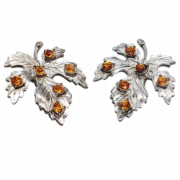 Maple Leaf Citrine Glass Silver Tone Clip On Earrings Vintage Estate Unsigned - Picture 5 of 6